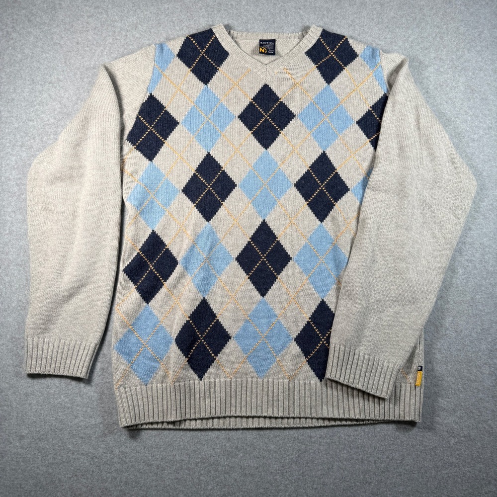 Nautica Jeans Co Sweater‎ Men's Medium Gray Argyle Cotton Wool Blend Pullover